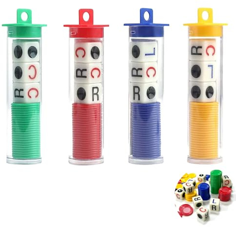 Left Right Centre Dice Game, 4 Tubes Four Color Portable Strike Set for Family Camping Picnic, Ages 15 and Above