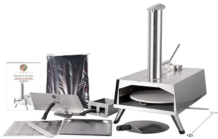 2-in-1 Portable Wood Wood Fire -Outdoor Oven - Grill Smoker - With Manual Rotating System - Accessories Package - Raincover, Grill Tools, 12 Pizza Stone, Pizza Shovel, Pellet Spoon