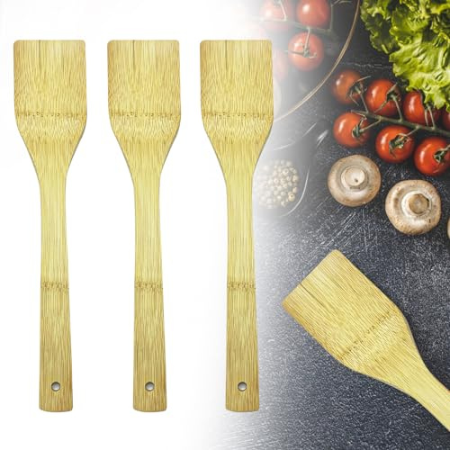 3 Piezas Juego Espátulas Madera, 30cm Largo Mango Espátula, Utensilios de Cocina, Natural Antideslizante Madera Espátula, Duradero Bambú Palas para Cocina en Casa y Fiestas