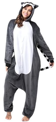 Nerd Hunters Onesie dräkt för vuxna – plyschig kigurumi pyjamas, unisex djurkostym, storlekar S–XL (DE/NL/SE/PL, alfanumerisk, L, regulär, lemur), GRÅ