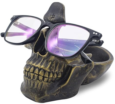VIPbuy Schädel Brillenhalter Stand mit Storage Tray, Neuheit Brillenhalter Rack für Nachttisch, Harz Schädel Kopf Skulptur Statue Home Office Desk Decor Geschenk (kupferfarben)