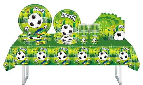 Juego de vajilla de fiesta de fútbol de 69 piezas, mantel de plástico, platos de papel, servilletas y tazas para decoración de mesa de fiesta