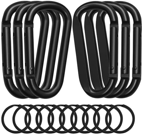 6 Piezas Mosqueton Escalada, Mosqueton Grande Tactico Negro, Mosquetones Escalada en Forma de D, Carabiner de Aluminio con 10 Mosquetones Redondos para Excursiones y Acampadas al Aire Libre