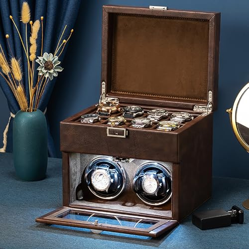 ZDMZR Technology 2 Automatisk Watch Winder med 8 Förvaringsväska för Man/kvinnor, Japansk Tyst Motor, LED-ljus, Roterande Klocklåda(Brown)