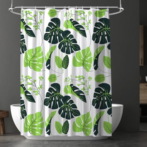 URAQT Shower Curtain Anti Mould, Waterproof PEVA Bath Curtains, Mildew Resistant Bathroom Shower Curtains with 12 Hooks, Nature Leaves Bathtub Curtains for Bathtub Shower Stall, 180 x 180 cm, Monstera