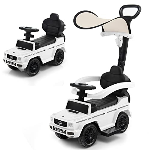 COSTWAY 3 en 1 Mercedes-Benz Porteur Enfant avec Poignée Détachable & Auvent Amovible, Voiture à Pousser Bébé avec Volant & Klaxon, Espace Caché & Repose-Pieds, Charge 25kg pour 1-3 Ans (Blanc)