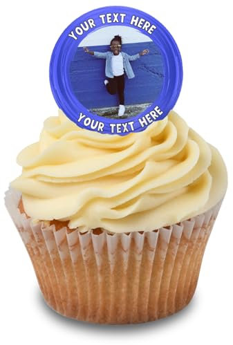 Cakeshop Cupcake Personalisierte Essbare Kuchenaufleger Mit Dunkelblauem Rand & Text | Personalisieren Sie Benutzerdefiniertes Bild & Text | Für Geburtstage & Feiern | Zuckerguss & Oblatenpapier