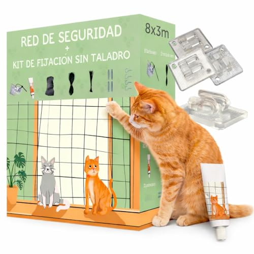 VartAMZ Red para Gatos Terraza y Balcón (8x3m) Reforzada con Alambre Trenzado – Malla Seguridad Negra Antimordiscos para Ventanas y Exterior, Kit Completo Instalación Sin Taladro o con Taladro