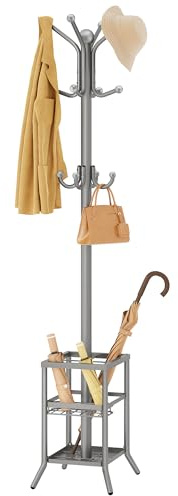 FAVOOSTY Coat Stand Coat Rack with 12 Hooks, Free standing Clothes Clothing Rack with Umbrella Holder, Hats, Bags for Hallway Bedroom Living Room Office, Silver Grey