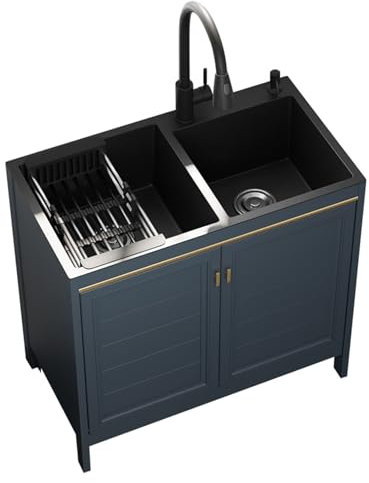 HARELA Freistehende Edelstahl Spültisch Gastro 2 Becken, Freistehendes Spülbecken mit ausziehbarem Warm- und Kaltwasserhahn, für Küche Restaurant Wäsche Hinterhof Garage(72x40cm/28.3x15.7in)