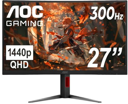 AOC CQ27G4ZH 27 Curved Gaming Monitor, QHD 2K 2560x1440, 1500R VA, 300Hz 0.3ms MPRT, HDMI x2, DP x1, Height Adjustable Stand, HDR, 3-Year Zero-Bright-dot