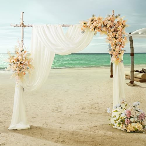 Manyshofu Chiffon Weeding Arch Draping Fabric Ivory Drapes for Backdrop(1 Panel - 28 x 19Ft), Ivory Sheer Fabric Backdrop Curtains Chiffon Fabrics for Draping Wedding Decor