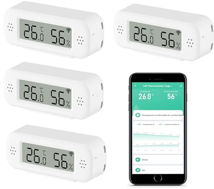 WiFi Thermometer Hygrometer Innen: Smart Temperatursensor, Digitaler Temperatur Feuchtigkeitsmonitor mit App & Datenaufzeichnung, Kompatibel mit Alexa, für Schlafzimmer Gewächshaus Weinkeller (4 pack)