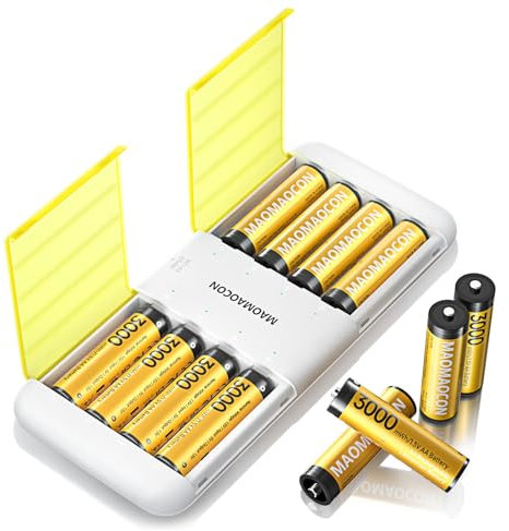 Batterie al litio ricaricabili Confezione da 8 con caricabatterie, batterie ricaricabili da 1,5 V, 3000 mWh ad alta capacità AA, Li-ion AA con caricabatterie, [2-1] Charing-Storage Box