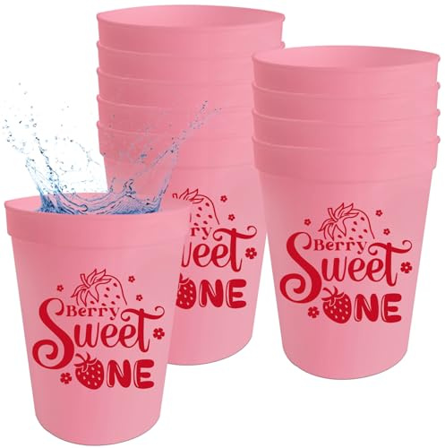Qxcv Berry Sweet One Lot de 12 gobelets en plastique réutilisables pour fête prénatale Motif fraise Rose 473 ml