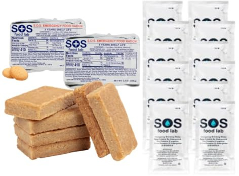 SOS Food Lab Lot de 2 barres alimentaires 1200 calories (biscuits sablés) + 12 sachets d'eau – Prêt à manger pour le camping, la randonnée, la préparation aux catastrophes – Durée de conservation de 5