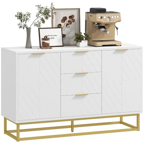 HOMCOM Buffet 2 Placards Porte Étagères Réglables 120x40x76cm Blanc Doré | Meuble Cuisine Rangement, Design Contemporain Graphique, 3 Tiroirs Coulissants