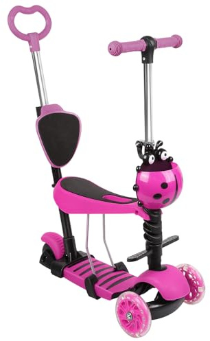 HUOLE Trottinette 5 en 1 pour Enfants, 3 Roues LED, Siège Réglable, Système de Pliage, Freinage Efficace, Rosa