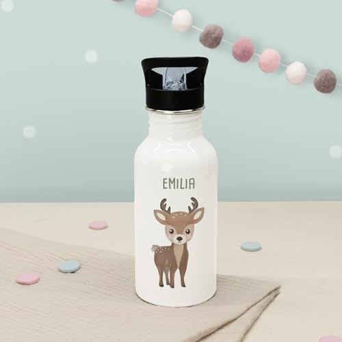 hellomini Personalisierte Kinder-Trinkflasche 500ml – Edelstahl, Weiß, mit Trinkhalm & Wunschname – viele süße Tiermotive – Thermoflasche Schule Kita (Reh, 500 ml)