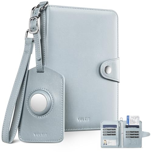 VULKIT Reisepass Organizer mit Airtag-Fach für 4 Pässe – 2-in-1 RFID Reiseorganizer Dokumente mit Gepäckanhänger, Hält Ausweis/6+ Karten/Reiseunterlagen/Bargeld (Blau, Familie 4 Personen)