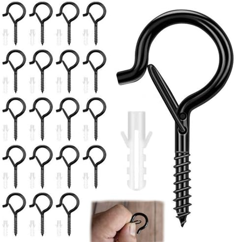 GYTFOG 20 Pieces Screw in Hooks for Wood, Q-Shaped Hanger Hooks with Plastic Expansion Tubes, Black Wall for Outdoor Light, Christmas Decorations, Fairy Lights, Plant Pots, Wind Chimes, Birdhouse