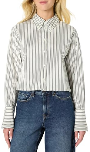 Amazon Essentials Camicia Elegante Button-Down in Popeline di Cotone Elasticizzato, Oversize Donna, Avorio Nero Righe, S