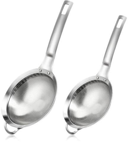 2 Packs Punch Hole Sieve Fine Mesh Stainless Steel Mesh Strainer Small Colander Strainer with Handle Metal Mini Sifter Set for Kitchen Baking Straining Flour Quinoa Tea Juice