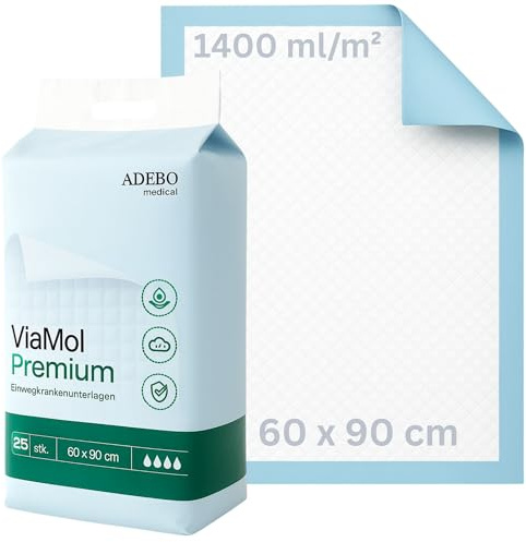 ViaMol® Premium | 50 | Inkontinenzunterlagen Einweg 60x90 cm – Saugstarke Krankenunterlagen 5-lagig, 1400 ml/m² – Weiche & rutschfeste Bettunterlagen bei Inkontinenz
