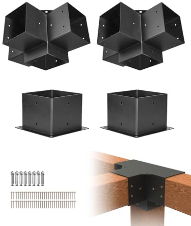 VEVOR Pergola Bracket Kit, 6x6 Inch (Inner Size 5.5x5.5), 2 Pcs 4-Way Heavy Duty Corner Bracket Woodworks DIY Post Base Kit, Easy Installation Wooden Beams for Gazebos, Patio Pergolas, Log Cabin