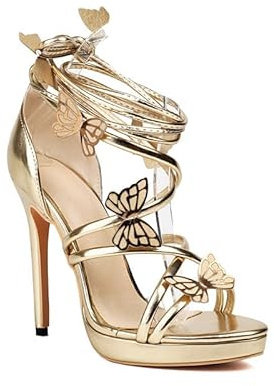 Veelau Meieer Sandalias de tacón de aguja con plataforma para mujer | Sandalias de tacón alto con cordones con mariposa 3D para fiestas, noche, sesión de fotos