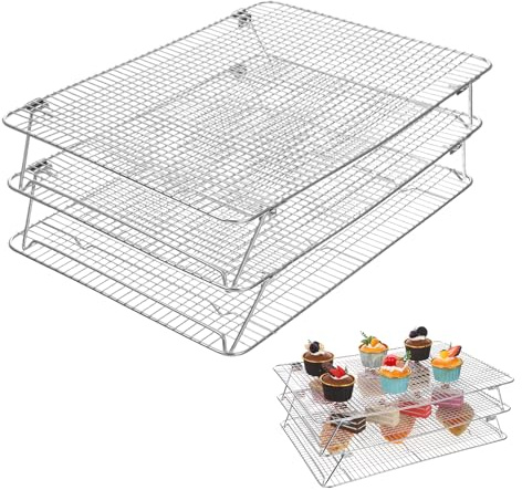 Stainless Steel Stackable Cooling Rack for Baking, 3-Tier Cooling Rack Set, Stackable Heavy Duty Stainless Steel Wire Racks, for Baking Cooking Grilling, Oven & Dishwasher Safe, 12”x 16.5”, Silver