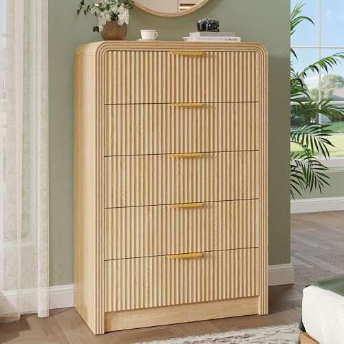 Decofy Fluted 5 Drawers Dresser, 48 Tall Modern Chest of Drawers with Round Edge & Metal Handle, Wood Drawer Organizer for Living Room, Bedroom, Entryway, Hallway (Natural Oak)