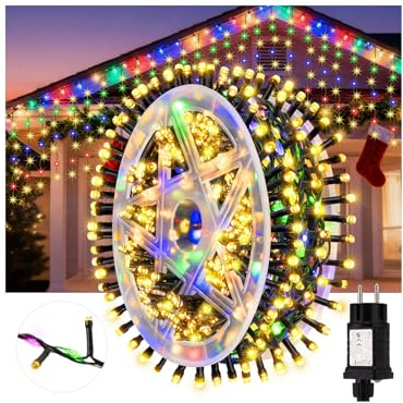 Cnulenzt lichterkette außen strom, 10M 800 LED 15 Modi mit Timer | Reihenschaltung Kupferkabel, Lichtervorhang für Weihnachten, für Garten,Balkon, Dachkante Dachrinne (Warm Weiß)