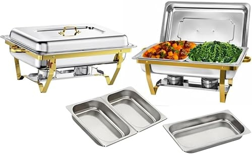 9.5L Chafing Dish Set for Buffet 1X – Stainless Steel Food Warmer with 1 Full & 2 Half Pans, Lids, Water Pan, Foldable Gold Frame, Fuel Holders – Perfect for Parties, Catering & Holiday Events
