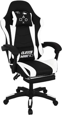FRANKYSTAR Clutch - Sedia Gaming Ergonomica da Ufficio con Cuscino Lombare Poggiatesta e Poggiapiedi in PVC Nera e Bianca