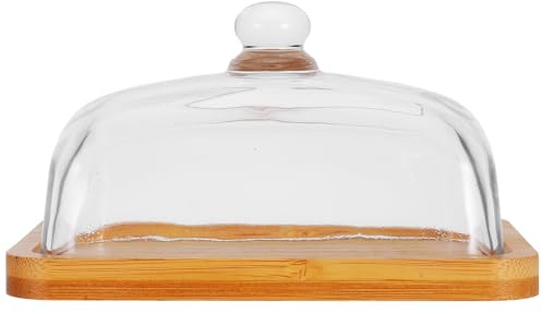 SHINEOFI Mantequera Rectangular de Acacia con Tapa de Vidrio, Bandeja para Mantequilla y Queso, Plato para Postres y Bocadillos, Soporte Transparente para Cocina, 1 Pieza