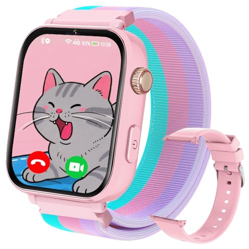 PTHTECHUS Montre Connectée Enfant GPS 4G, Smartwatch Téléphone pour Filles Garçons avec Appel SOS Podomètre Vidéo Mode Classe, Montre Cadeau pour Enfants 5-12 Ans (Rose)