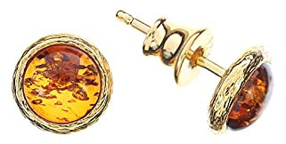 Bernstein Ohrringe von Artisana-Schmuck, kleine runde Ohrstecker aus Bernstein, Fassung 925/000 Sterling Silber vergoldet