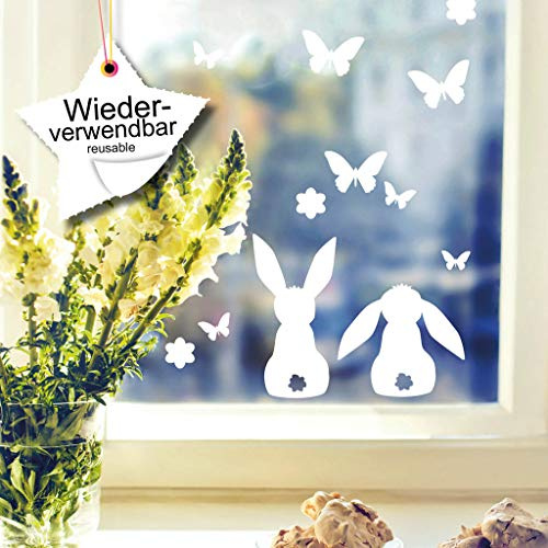 Wandtattoo Loft Fenstersticker Süße Hasen mit Schmetterlingen und Blumen WIEDERVERWENDBAR