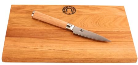 Kai Shun Classic White | DM-0700W | Japanisches Officemesser Gemüsemesser mit 8.5 cm Klinge aus Damaststahl | Schneidebrett aus massiver Eiche 30x20 cm