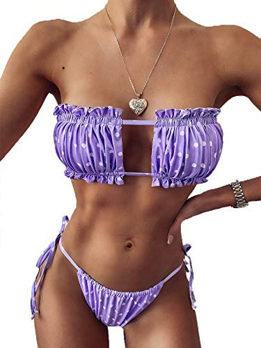 Bikinx Dam sexig stringbikini set ruffle baddräkt mikro bandeau 2 delar baddräkt slips sidobikini nederdelar, lila, Large(8-10)