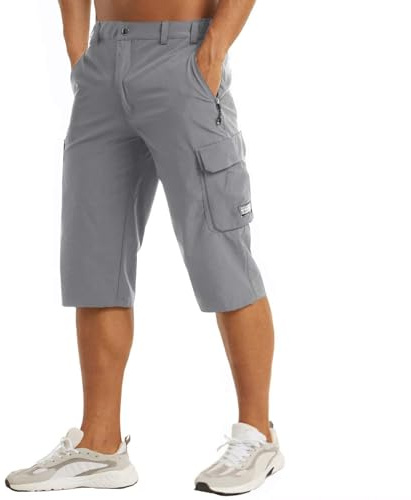 MAGCOMSEN Sommer Shorts Herren 3/4 Outdoor Jogginghose Atmungsaktiv Trekkinghose Quick Dry Funktionsshorts Herren Capri Wanderhose Leicht Trainingsshorts mit Gummibund Hellgrau 32
