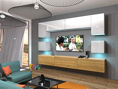 Furnitech Wohnwand Wohnzimmer - Wohnzimmer Möbel mit LED RGB - 16 Farben - Hängend Wohnwand Modern Schrankwand mit Regale und TV Schrank (Nowara AN1-17WD-HGM46 1B)