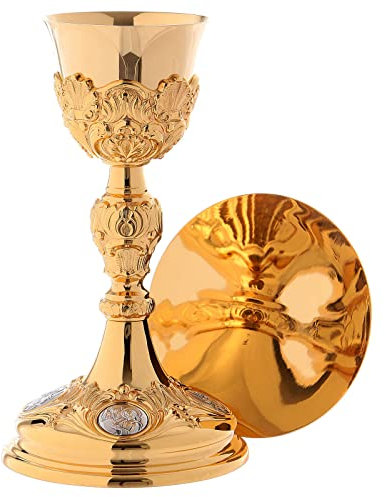 Holyart Chalice paten and ciborium in Baroque style with Evangelists medallions in gold brass