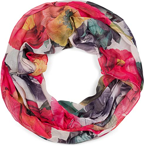styleBREAKER Damen Loop Schal mit buntem Blumen Muster, leichter sommerlicher Schlauchschal mehrfarbig 01016217, Farbe:Rot-Grün