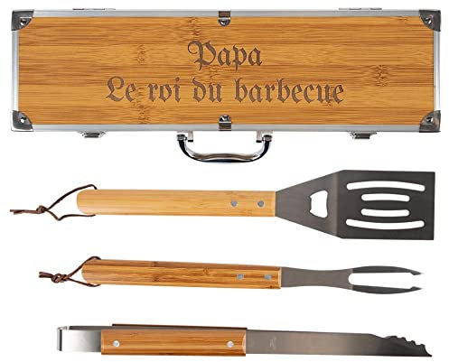 Coffret couverts barbecue personnalisé gravé – Ensemble de 3 grands couverts dans un coffret bois – Cadeau original pour homme ou amateur de barbecue