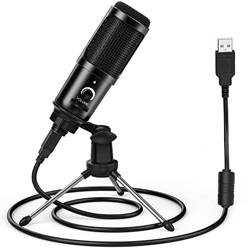 Microphnoe Microphone USB à condensateur avec trépied et câble USB et bouton de contrôle du volume d'entrée, studio cardioïde pour l'enregistrement en streaming et vidéos YouTube Compatible avec PC et