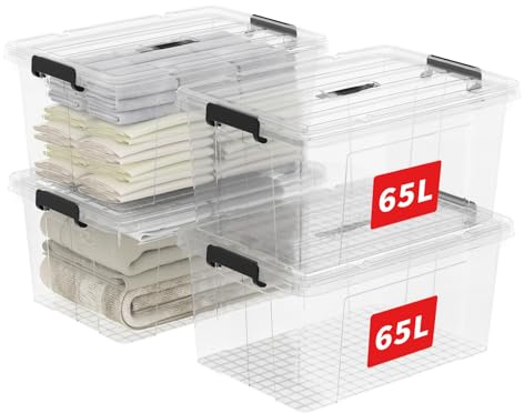 Cetomo 65L*4 Aufbewahrungsboxen, Tragbare Plastikboxen mit Deckeln, Organizer-Behälter mit Griff und Clips, Stapelbar, Ineinander Nestbar, für Zuhause und Büro, Transparent, 65L-4er Pack