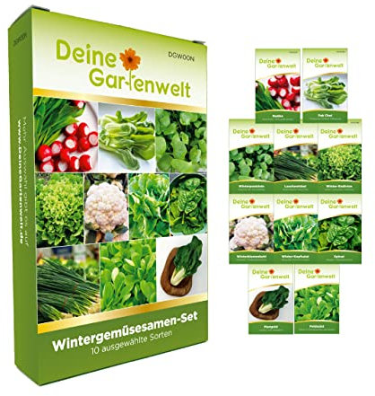 Wintergemüsesamen Set - 10 Sorten Samen - Saatgut Sortiment - Anzuchtset für Wintergemüse - Geschenkset - Radies, Winterpostelein, Salat, Spinat, Mangold, Lauchzweibeln