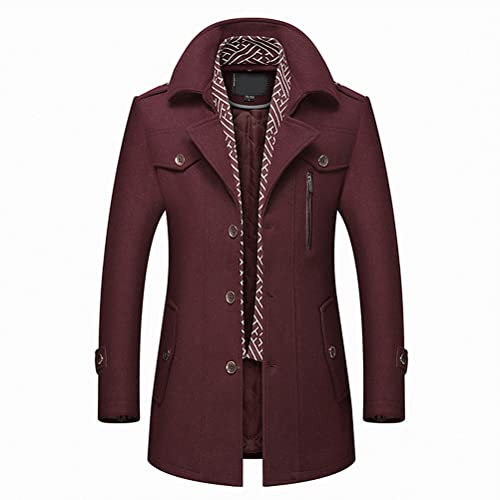 ORANDESIGNE Herren Wintermantel aus Hochwertiger Wollmischung Jacke Business Mittellang Warm Wollmantel mit Herausnehmbarem Schal Einsatz Freizeit Winterjacke Slim Fit E Weinrot XXL